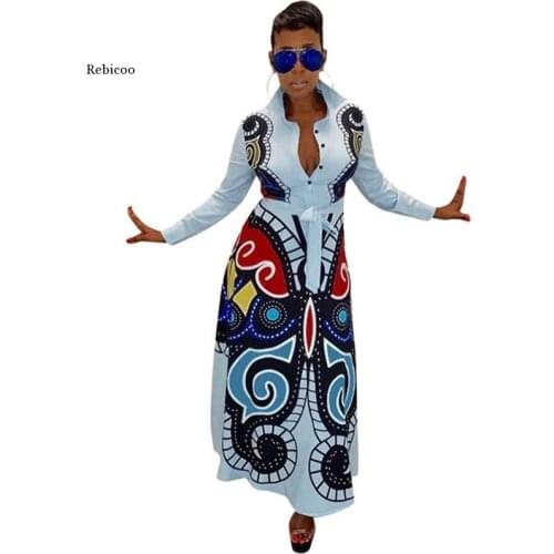 Plus Size Women Maxi Dress Long Sleeve Vintage Print African Dresses for Ladies Button Down Elegant Shirt Long Dress