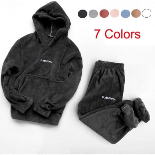 Winter Coral Fleece Sleep Tops Black Flannel Pajamas Set Women Man Thick Plush Warm Girl Gift Plus Velvet Hooded Homewear