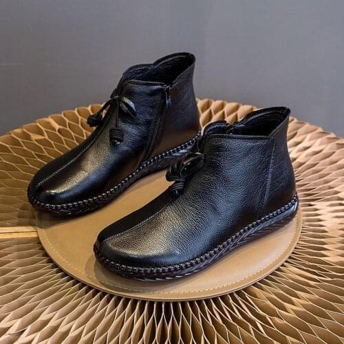 AARDIMI Women Genuine Leather Ankle Winter Boots For Ladies Casual Handmade Work&Safety Flat With Boots Woman String Bead Shoes