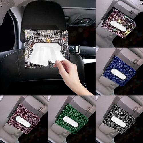 Car Tissue Holder Case Crystal Shining Bling Multifunction Mask Napkin Hanging Holder Leather Backseat Tissue Case For Women