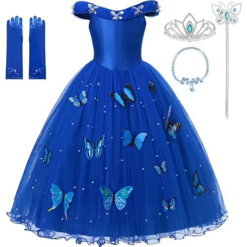 Girls Cinderella Dress up Costume With Butterflies Kids Sleeveless Princess Party Dresses for Halloween Birthday Gift Surprise
