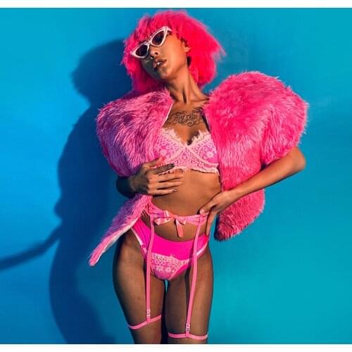 Gogo Ds Dancing Costume Pink Plush Coat Bikini Suit Nightclub Dj Singer Dancer Performance Stage Clothing Rave Outfit VDB3632