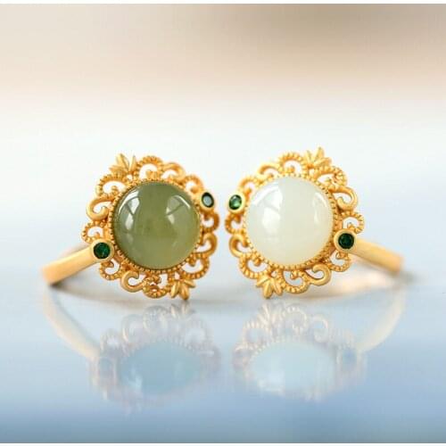 Natural Hetian Sapphire Opening Adjustable Ring Chinese Retro Palace Style Luxury Aristocratic Charm Womens Silver Jewelry