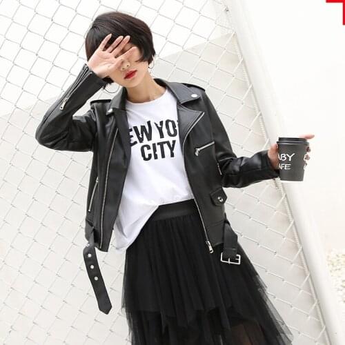 Korean Slim Black Pink White Short Faux Leather Jacket Belt Lace Up Spring Autumn Casual Female Lapel Long Sleeve Biker Outwear