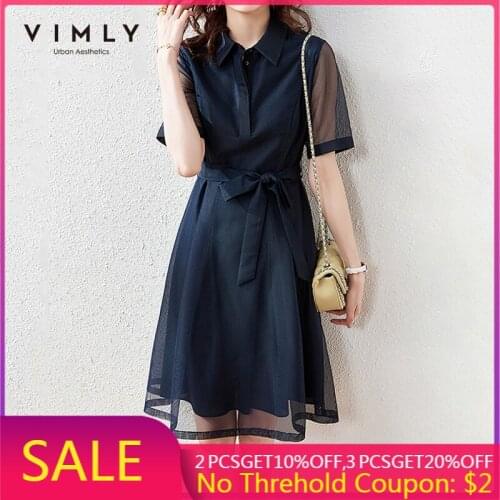 VIMLY Summer Shirt Dress Women Elegant Mesh Short Sleeve Bandage Navy Dresses Lady High Waist Dresses Female Vestidos F7276