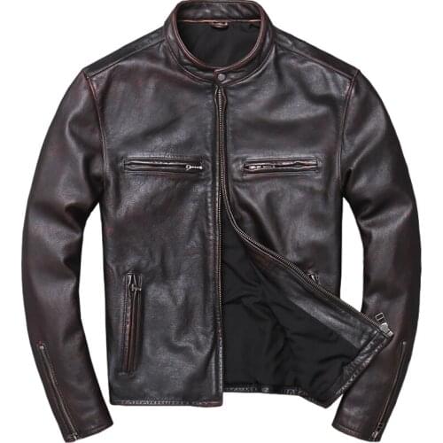 Factory 2019 New Men Vintage Red Motorcycle 100% Real Cowhide Rider Winter Russian Coat Free Shipping