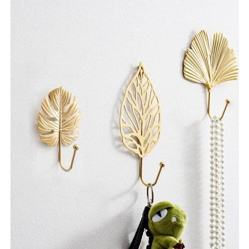 HGHO Wall Hooks for Hanging Clothes No-Punch Wall Hanger Coat Key Hook Iron Art Wall Decorations Golden Leaves