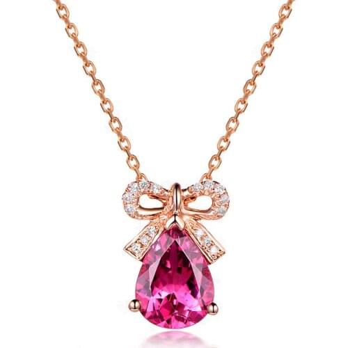 Sweet Bow Pendant Necklace Charming Female Red Crystal Rose Gold Chain Jewelry Romantic Valentines Gifts