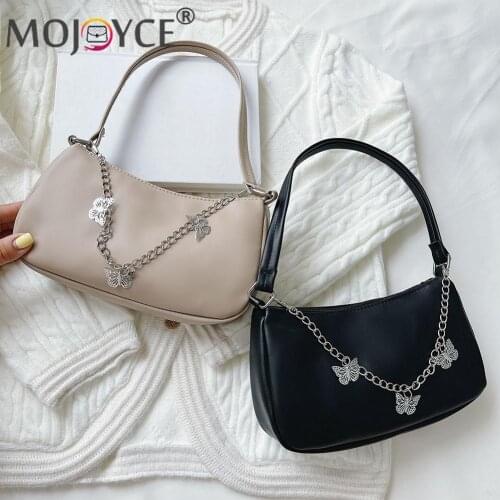 Casual Women PU Leather Underarm Bags Exquisite Ladies Butterfly Chain Armpit Shoulder Bags Solid Color Small Handbags