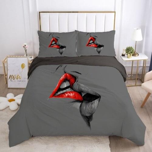 Luxury Bed Linens Bedding Sets Duvet/Quilt/Comforter Cover Set Dark Gray King Double Twin Size 3D Red Lips Custom Home Textile