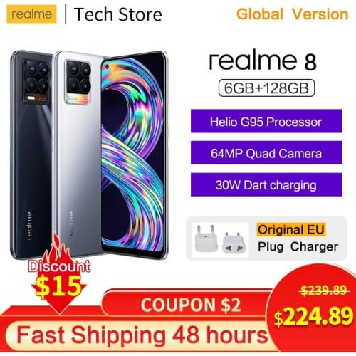 Original realme 8 Smartphone Helio G95 6GB 128GB AMOLED Display 64MP Quad Camera 5000mAh 30W DartCharge NFC Android Phone