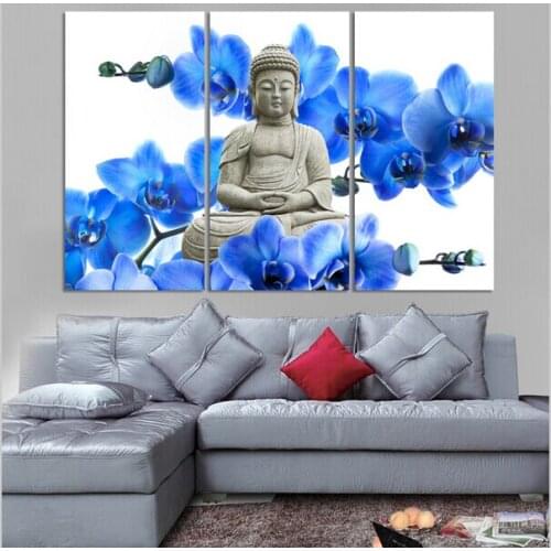 3 Pieces Blue Plum Blossom Buddha Art Painiting On Canvas Buddha Statue Home Decoration Wall Pictures For Living Room No Frame