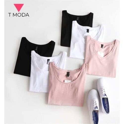 T MODA 2021 Summer Womens Classic T-shirt V Neck Cotton Shirt Lady Slim T-shirts Female Short Sleeve Chic Streewear Tops Tshirt