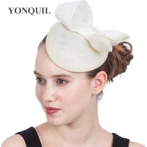 Women Fancy Imitation Sinamay Fascinator Hats Headbands Ivory Bowknot Bridal Wedding Hats Cocktail Fascinator Accessories