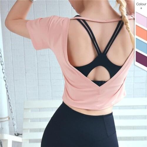 2019 Summer sexy yoga crop shirt womens gym top backless short sleeve sports wear ladies yoga tshirt female pink grey orange