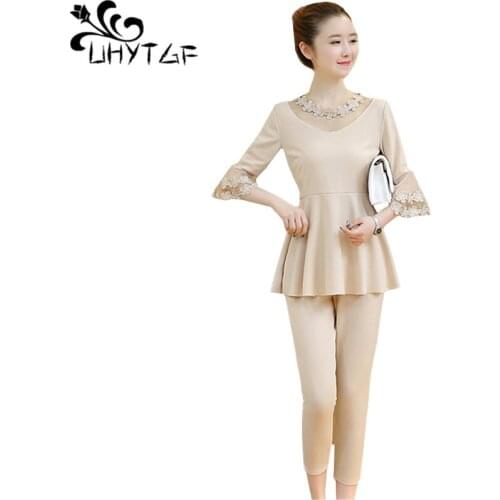 UHYTGF Summer suits for women Fashion trumpet sleeve Ruffle Plus size two piece set top and pants elegant women sports sets 1408
