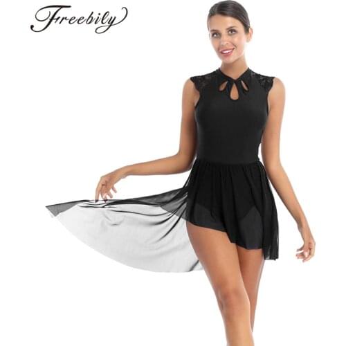 Women Elegant Dance Dress Hollow Out Lace Sleeve Asymmetrical Mesh Skirt Leotard Dresses Contemporary Lyrical Dance Costumes