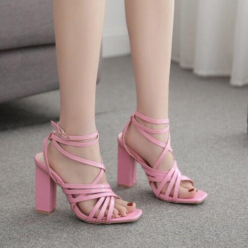 2021 New elegant ladies shoes fashion cross-strap square toe high heels sandals women 2020 chunky heel gladiator sandals women