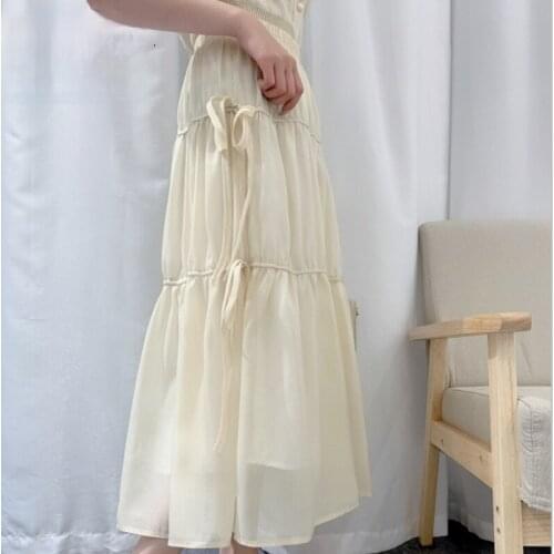 2021 Summer Elastic Waist Gauze White Skirt Drawstring Half-body Shirring Pleat Long Skirts Women Krorean Fashion A-line Elegant