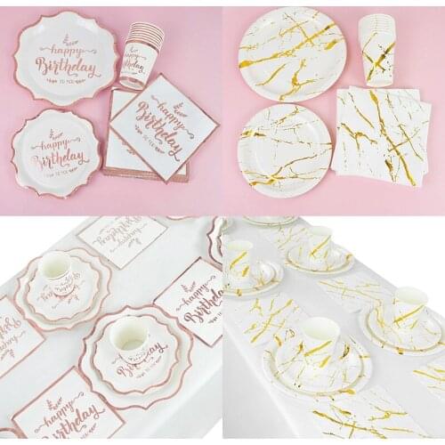 8-16pcs/set Gold Foil Marbling Disposable Tableware Paper Plates Napkins Happy Birthday Party Favor Decor Wedding Party Supplies