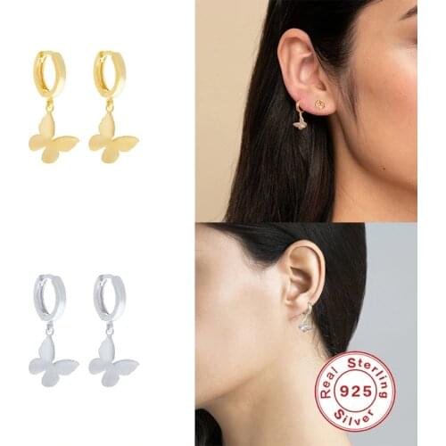 GS 925 Sterling Silver Gold Smooth Butterfly Pendant Drop Earrings For Women Girls Dangle Earring Jewelry Party Gift