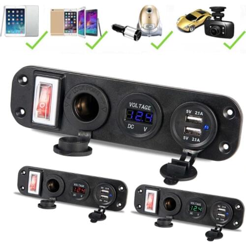 Car Charger Dual USB Adapter 12V Cigarette Lighter Socket LED Voltmeter Switch