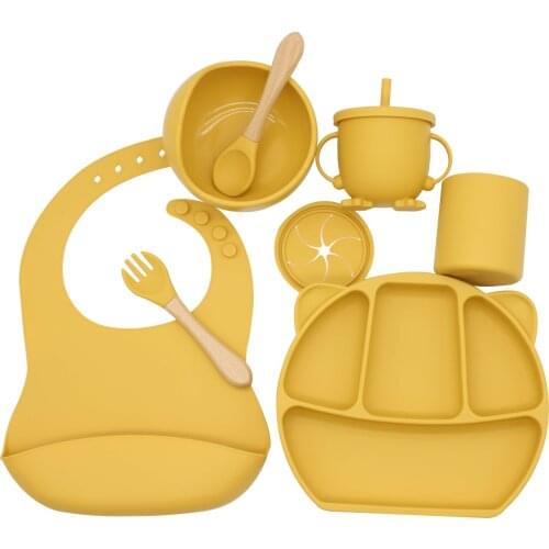 Baby Silicone Tableware Bib Dinner Plate Complementary Food Bowl Spoon Fork Snack Cup Water Cup 8 Piece Set Baby Essential посуд