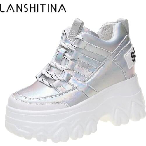 Women Casual Sneakers Platform Trainers Silver Leather Shoes 10CM Heels Autumn Wedges Breathable Woman Height Increasing Shoes