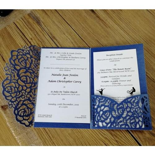 Tri-folded laser cut rose laser cut navy blue wedding invitation card party favor cheap price birthday invitation cards