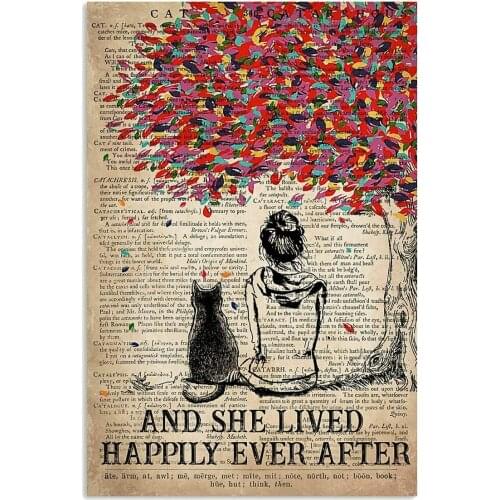 Metal Tin Sign Cat and She Lived Happily Ever After Retro Decor Mural 8x12 Inch