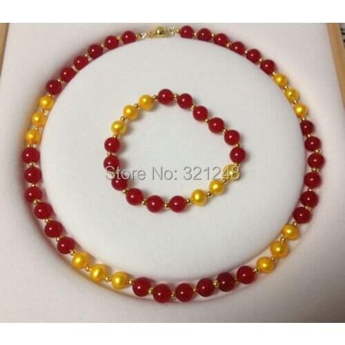 Fashion 8MM golden simulated-pearl shell red chalcedony jades round beads necklace bracelet set for women jewelry 18"/7.5"BV73