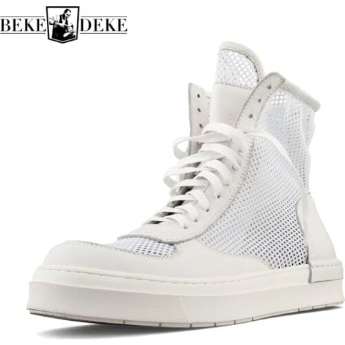 Fashion Mens High Top Breathable Mesh Lace Up Shoes Leather Patchwork Thick Platform Shoes Casual Male Outside Joggers Sneakers