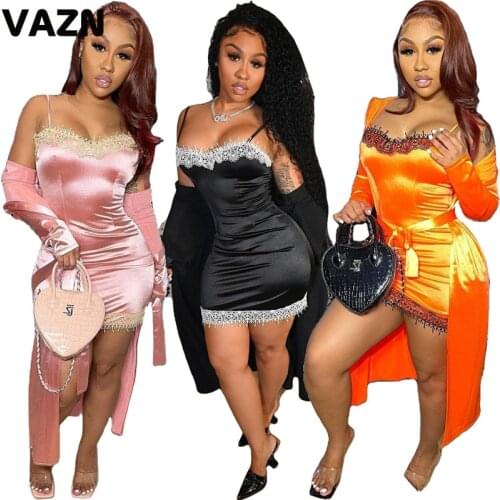 VAZN 2020 Casual New Women Set Tracksuit Full Sleeve O-neck Lace Patchwork Suit Two Piece Set Sexy Lady Sets