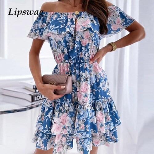 Sexy Elastic Off-Shoulder Party Mini Dress Ladies Fashion Ruffle Beach Chiffon Dress Elegant Women Floral Print Summer Dresses