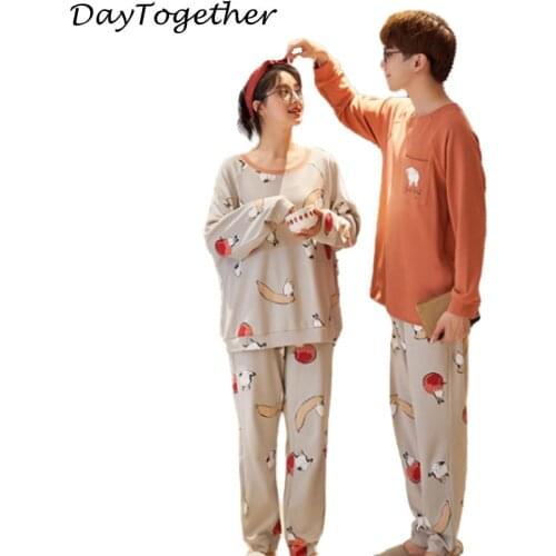 Lovers Pajamas Cartoon Cute Cotton Long Sleeve Trouser Sleepwear Men Women Couples Matching Pajamas Set Clothes