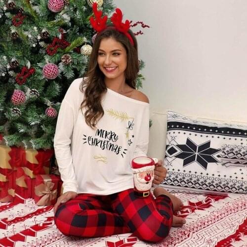 Christmas 2Pcs Women Pajamas Suit Long Sleeve Costume Letters Printed Shirt Plaid Long Pants Casual Christmas Soft Xmas Sets
