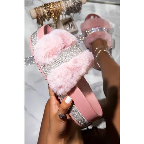 Designer Women Fur Rhinestone Slippers Luxury Platform Wedges Heel Solid Fluffy Furry Slides Outside Sexy Shoes Ladies Whosale