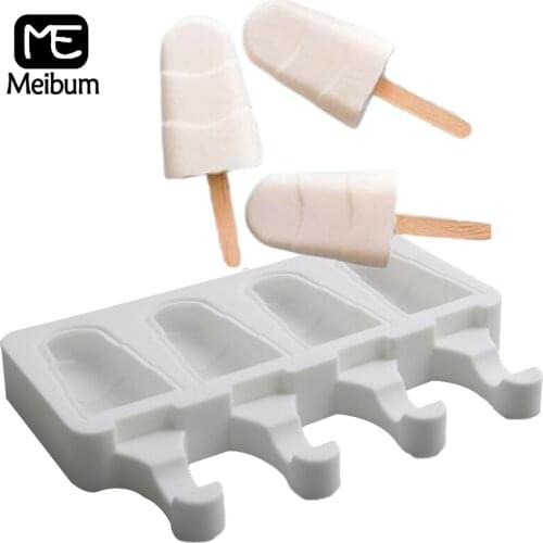 Meibum Summer 4 Cavity Silicone Popsicle Moulds and 50 Pcs Sticks Ice Cube Tray DIY Ice Cream Molds Freezer Juice Jelly Tools