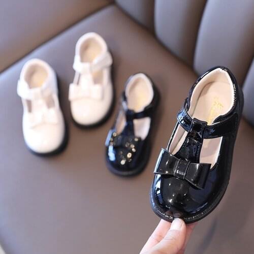 Kids Leather Shoes Girls T Strap Shoes Bow Princess Shoes White Party Mary Janes Black Casual Shoes For Big Children Spring