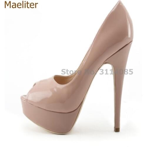 Women High Heels Fashion Peep Toe Pumps Lady Sexy Open Toe Wedding Shoes High Quality Nude Black Patent Leather Platform Shoes