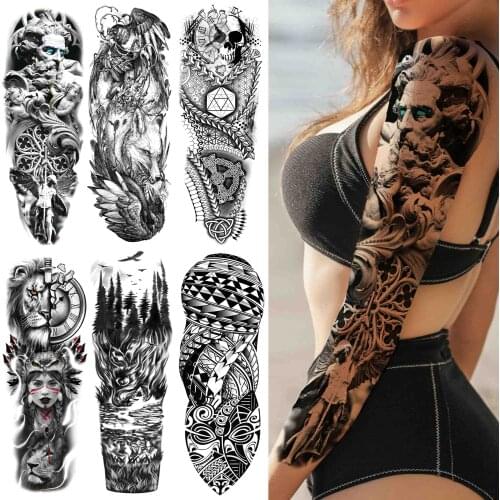 Large Size God Temporary Tattoos For Women Men Adult Fake Skull Tribal Forest Tattoo Sticker Sleeve Black Body Art Arm DIY Tatoo