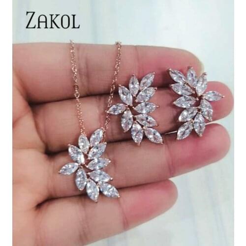 ZAKOL Casual Cubic Zirconia Leaf Earrings Necklace Jewelry Set for Women Wedding Dinner Holiday Birthday Gift Accessories
