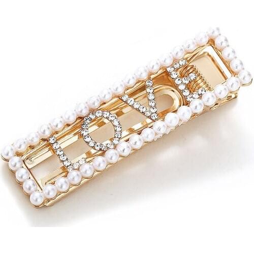 Letter Love Geometric Rectangle Hollow Hair Clips for Women Imitation Pearl Hairpins Crystal Rhinestones Hair Accessories