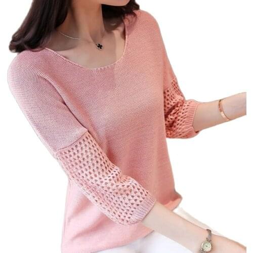 2021 Hollow Out Half Sleeve Woman Autumn Pullovers O-Neck Eyelet Pink Knitted Tshirts Beige Female Cotton Elastic Patchwork Tops