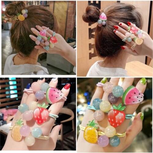 2019 New High Elastic Rope Elastic Hair Bands for Women Cute Cartoon Fruit Vegetables Bead Girls Rubber Band Hair Accessories