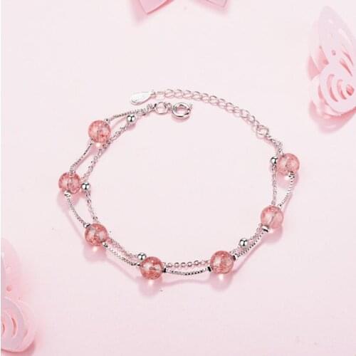 Promotion 925 sterling silver fashion pink Strawberry Quartz crystal ladies`bracelets jewelry women no fade bracelet wholesale