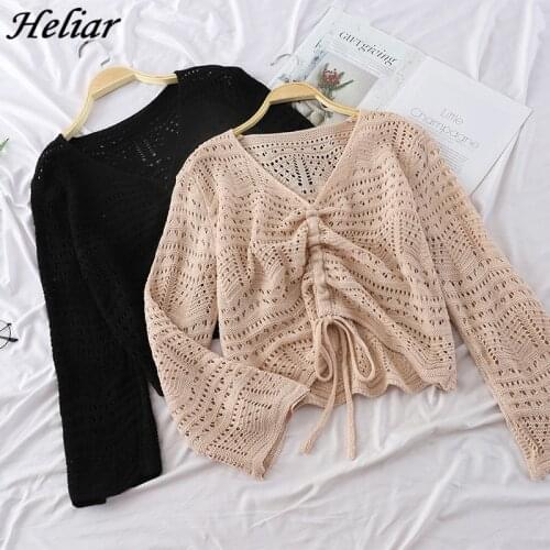 HELIAR Women 2019 Spring Hollow Out Sweater V-Neck Draw Rope Design Long Sleeve Knitted Shirt Pullover and Sweater Loose C