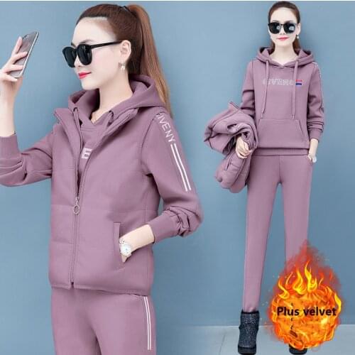 Plus Velvet Padded Sportswear Suit Women 2020 Autumn And Winter New Fashion Casual Hooded Sweater Vest Three-piece Women