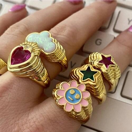 Sweet Star Multicolor Zircon Shell Multilayer Rings 2021 Trend Color Preserving Electroplated Metal Unusual Ring For Egirl Women