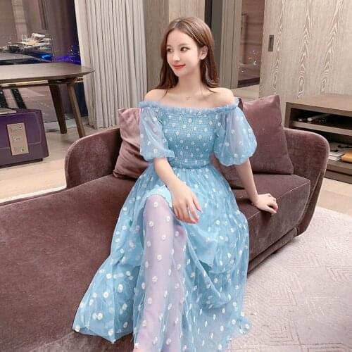 2020 New Summer Fairy Daisy Flower Embroidery Dress Women Sweet Off Shoulder Puff Sleeve Slim Elastic Waist Mesh Long Dresses
